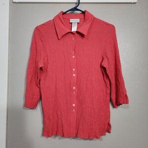 Alfred Dunner Top‎ Women's Petite Medium Short Sleeve Button Up Parrot Cay Coral